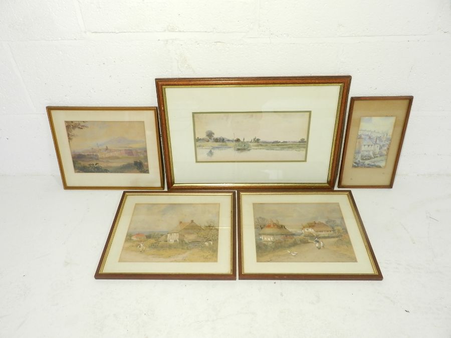 A quantity of framed watercolours depicting landscape and traditional scenes