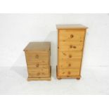 A pine bedside cabinet along with a narrow pine chest of five drawers