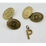 A pair of 9ct gold cufflinks along with a small 9ct gold letter "P" pendant, total weight 7.3g