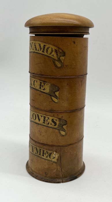 An antique treen spice tower of cylindrical form with four named sections, "Mace", "Cloves", " - Image 2 of 2