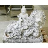 A large 20th Century carved marble figure group depicting Manjushri seated on a lion, 110cm x 90cm