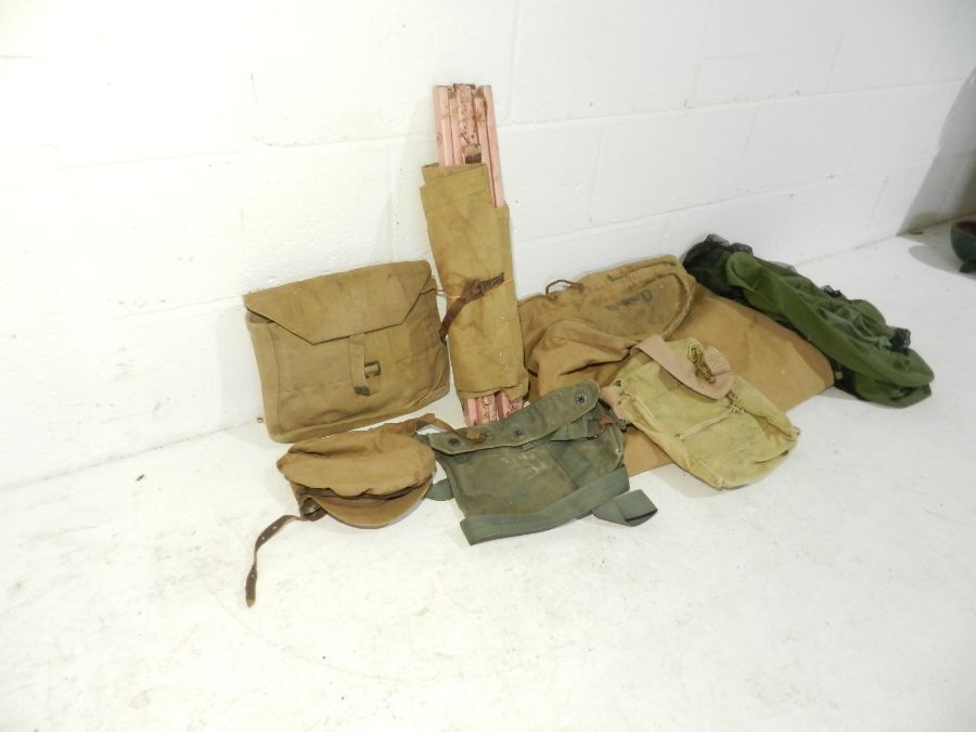 A collection of WW2 era military canvas bags, bed, hat etc. Some with broad arrow mark. - Image 3 of 5