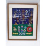 A framed collection of Ambulance Service badges etc, mainly relating to LAS (London Ambulance