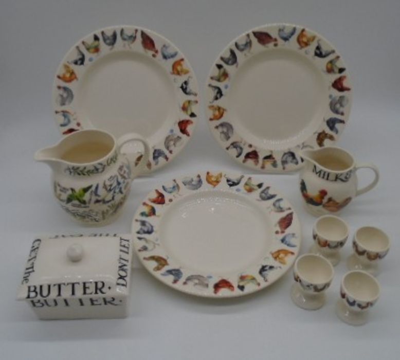 A collection of Emma Bridgewater including a Garden Birds jug, three Hen & Toast dining plates