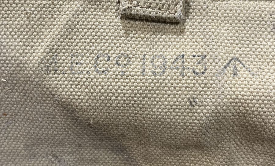 A collection of WW2 era military canvas bags, bed, hat etc. Some with broad arrow mark. - Image 5 of 5