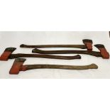 Four wooden long handled axes