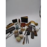 A collection of miscellaneous items including a christening set, autograph album, hardstone eggs,