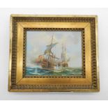 A framed oil on canvas of a Naval battle scene signed 'J Harvey' - 30cm x 35cm