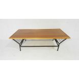 A mid century coffee table with wrought iron base - length10cm, depth 54cm, height 32cm
