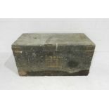 A metal bound wooden trunk containing various woodworking tools including a Woden No 192 vice,