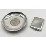 A hallmarked silver stamp case along with a silver dish with inset Commemorative Crown