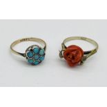 An opal and garnet cluster ring set in 9ct gold and silver along with a continental silver ring