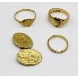 Three 18ct gold rings along with a single 18ct gold cufflink, total weight 10.1g