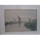 A framed watercolour by William Edward Mayes - View on the Norfolk Broads. Overall size 44cm x 35cm