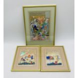 Three framed hand painted Eastern pictures of traditional scenes