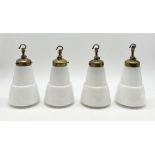 A set of four vintage Opaline glass pendant lights with brass fixtures and hooks