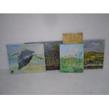 A collection of naive paintings on canvas, subjects include a flowering meadow, a Heron by the river