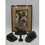 A pastel of a Terrrier signed and dated Wasser 1925 along with various dog related items including a