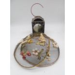 A bargeware style lantern along with two vintage plate covers.