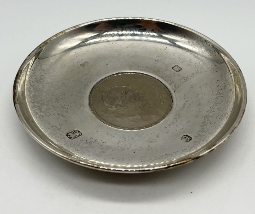 A hallmarked silver stamp case along with a silver dish with inset Commemorative Crown - Image 2 of 4