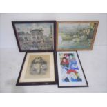 A framed Victorian pencil drawing of dogs, a framed pop art style painting of David Bowie along with