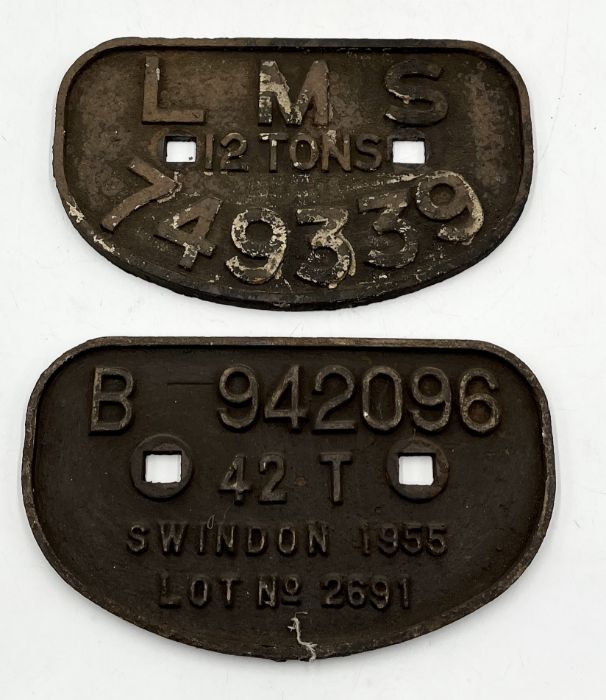 Two cast iron railway wagon plates, one marked Swindon 1955 and the other LMS