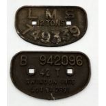 Two cast iron railway wagon plates, one marked Swindon 1955 and the other LMS