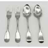 A pair of hallmarked silver forks along with a pair of Georgian silver spoons, total weight 167.2g