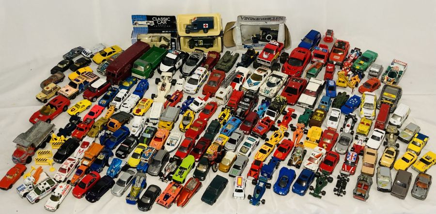 A collection of mainly die-cast vehicles including Matchbox, Burago, Corgi Toys, Dinky Supertoys,