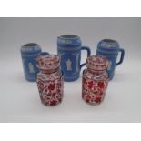 Three Adams & Bromley jasperware jugs, along with a pair of bohemian glass jars (one chipped)
