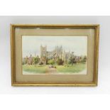 A framed watercolour of Exeter Cathedral signed F P Barraud - 17.5cm x 25cm