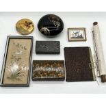 A collection of Eastern items including trinket boxes, paintings, ink block etc.