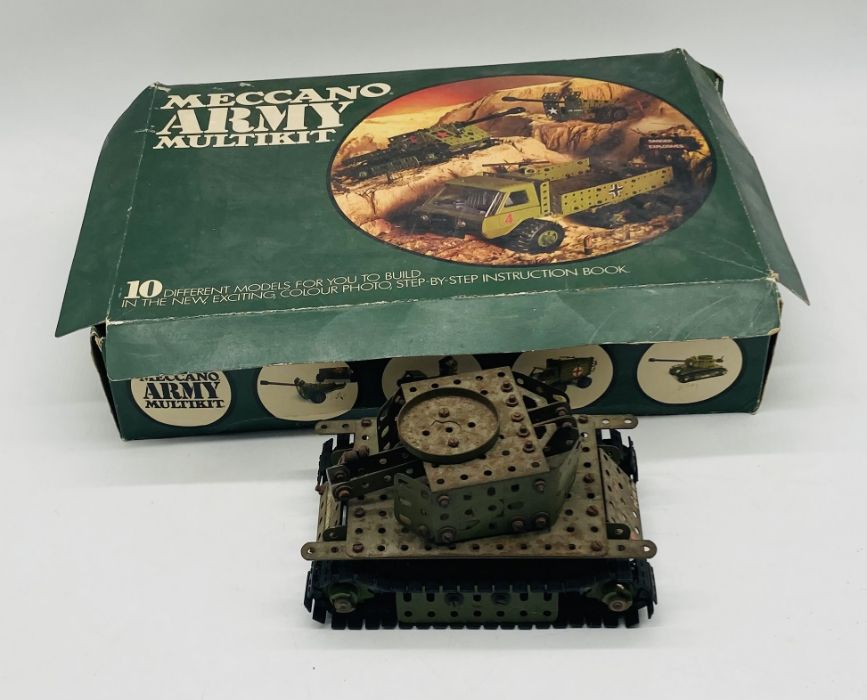 A Meccano part-made US Army tank, along with a Meccano Army Multi Kit with part contents of a