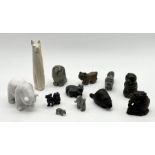 A collection of mainly hardstone carved animal figures including, dragon, hippo, dog, bear, cat etc.