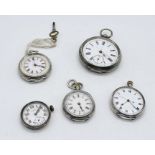Three continental silver fob watches along with a silver pocket watch and a J.W. Benson silver watch
