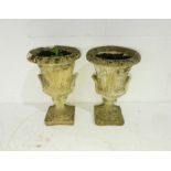 A small pair of reconstituted stone classical style garden urns - diameter 28cm, height 44cm