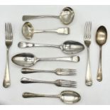 A collection of hallmarked silver spoons, ladles and forks, total weight 574g
