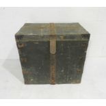 A metal bound wooden trunk containing various tools including a Footprint vice etc. - length 78cm,