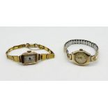 A ladies 9ct gold watches on rolled gold strap and one other 9ct watch