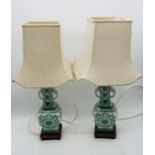 A pair of Chinese ceramic lamps with elephant head handles on wooden bases