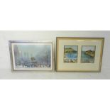 A framed watercolour of New Quay signed Cath Knight, along with a limited edition print of Central