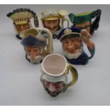 A collection of five Royal Doulton character jugs including Old Salt, Dick Turpin, Veteran Motorist,