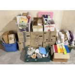 A large collection of crafting materials including six boxes of coloured card, stamps, ribbon,