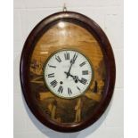 An continental wooden oval Briquet Freres (Roche) wall hanging clock with inlaid decoration