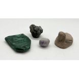 An Egyptian carved stone sphinx headed scarab seal along with a shallow Malachite bowl etc.