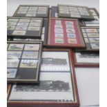 A selection of framed cigarette cards, stamps and locomotive/ steam engine prints. Includes