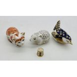 Three boxed Royal Crown Derby Collectors Guild paperweights including Spice Kitten, River Bank