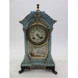 A continental pottery mantle clock with hand painted scenes- A/F