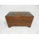 A camphorwood chest with carved decoration depicting a Chinese junk - length 101cm, depth 55cm,