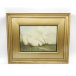 William Tatton (1855 - 1928), signed watercolour of a shepherd in a windswept scene in a gilt